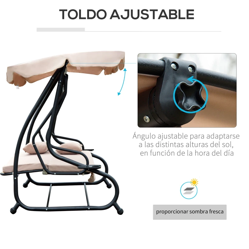 Outsunny Columpio Balancín Jardín 3 Plazas Convertible en Cama Techo Parasol Regulable Bandeja para Bebida Terrza Balcón Exterior Carga máx. 340kg 200x120x164cm Marco Acero