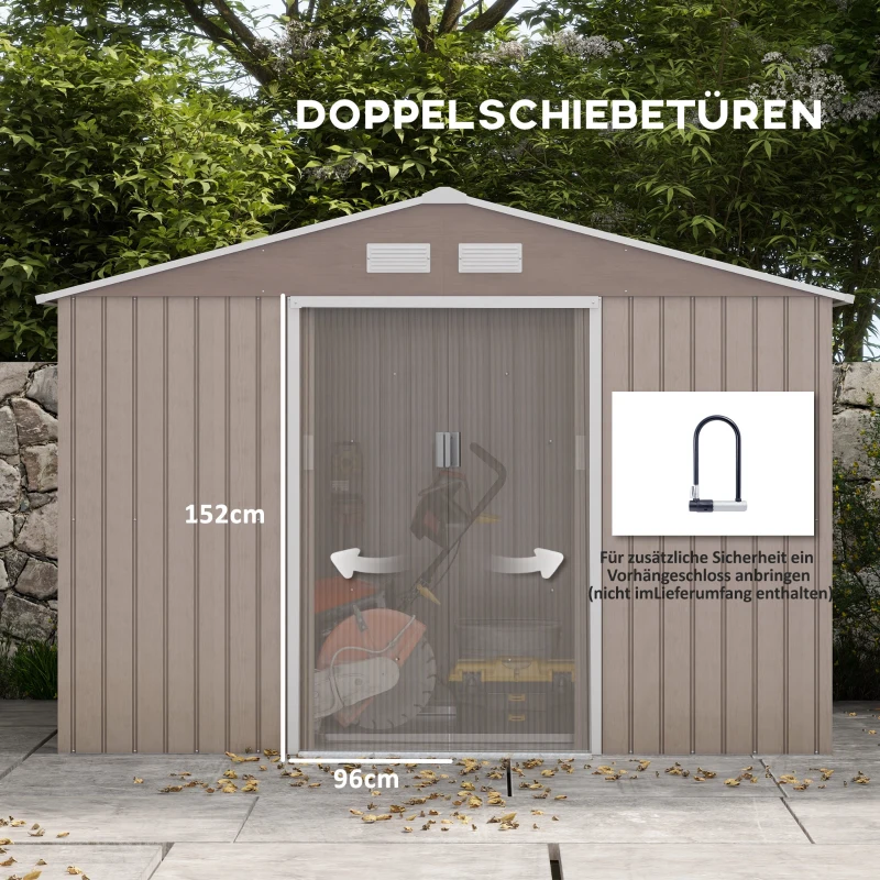 Outsunny Geräteschuppen, 2 Schiebetüren, 4 Fenster, wetterfest, Metallgehäuse, 2,7 x 1,9 x 1,9 m, Braun(m-5)