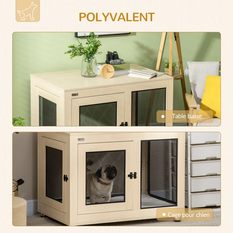 PawHut Cage pour chien sur pied avec coussin amovible acier noir et aspect bois - 94 x 60 x 71,5 cm coloris bois naturel