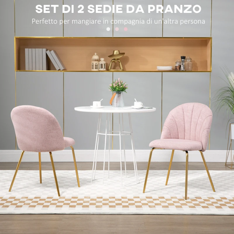 HOMCOM Set di 2 Sedie da Pranzo in Tessuto effetto Lino con Gambe in Acciaio, 55.5x59x81 cm, Rosa e Oro