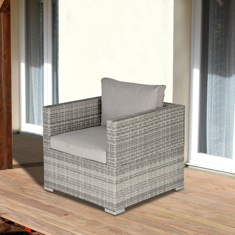 Outsunny Single Seater Rattan Chair Sofa with Padded Cushions, All-Weather PE Wicker Weave Garden Armchair with Armrests, Grey