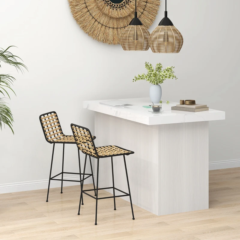 HOMCOM Lot de 2 tabourets de bar chaise haute design bohème Hauteur 66 cm avec repose-pieds acier noir assise en rotin PE