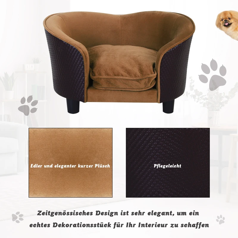 PawHut Hundesofa mit Kissen, Hundecouch, Haustiersofa, Hundematte, Hundebett, Wildlederimitat, Braun, 70 x 48 x 40 cm