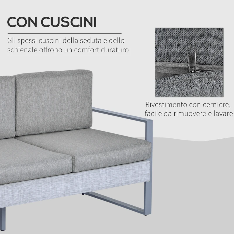 Outsunny Salotto da Giardino Set 4 Pezzi Mobile da Giardino con Tavolino, Divano 3 Posti, 2 Poltrone e Cuscini, Alluminio e Vetro Grigio