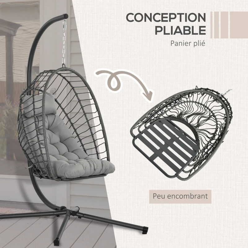 Outsunny Fauteuil suspendu de jardin chaise hamac résine tressée panier pliable avec matelas support en métal et appui-tête gris