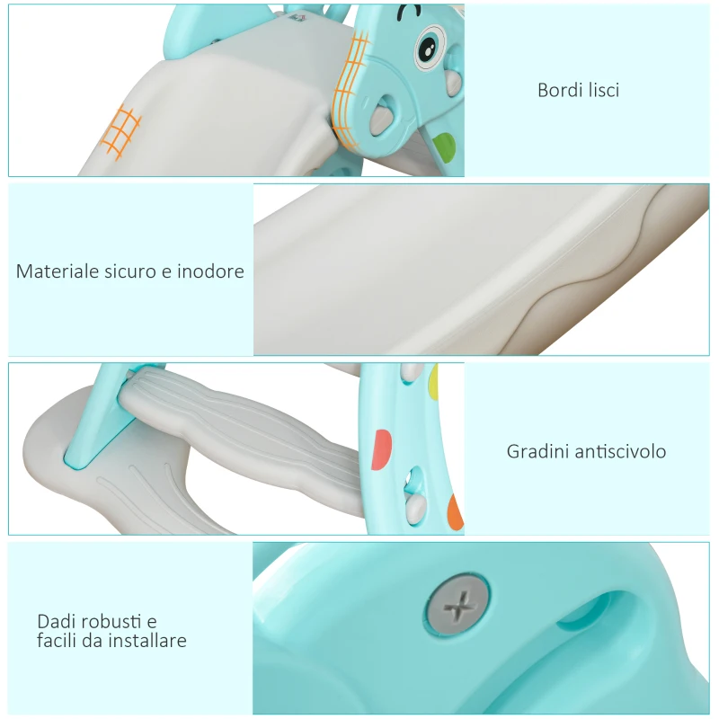 HOMCOM Scivolo per Bambini da 18 Mesi Pieghevole con 3 Scalini e Canestro Basket, Scivolo da Interno ed Esterno, 147x82x85.5 cm, Blu e Grigio