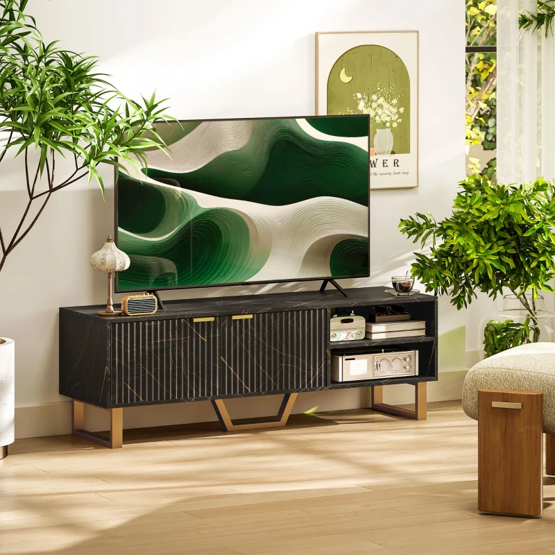 HOMCOM Marble Effect TV Unit, TV Stand Cabinet for up to 70" TVs, Modern TV Cabinet with Shelves and Storage Cupboard, Fluted Door, Extra Centre Leg, Cable Management for Living Room, Black