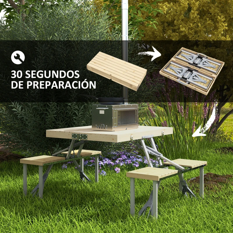 Outsunny Mesa de Camping Plegable 86x72,5x67 cm con 4 asientos y Orificio para Sombrilla de Aluminio y Madera Natural