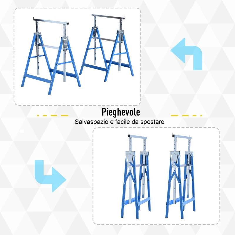 HOMCOM Set 2 Cavalletti da Lavoro Pieghevoli Portata 200 kg, Altezza Regolabili 80-130 cm, Cavalletti Telescopici Salvaspazio in Acciaio per Fai da Te, Garage e Giardino, Blu