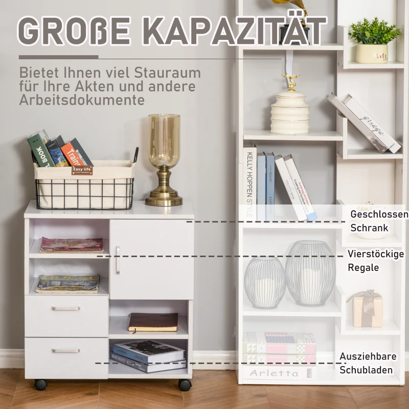 HOMCOM Aktenschrank, Druckerständer, Rollwagen mit 2 Schubladen+1 Schrank, Spanlatte, Weiß, 60 x 65 x 35 cm