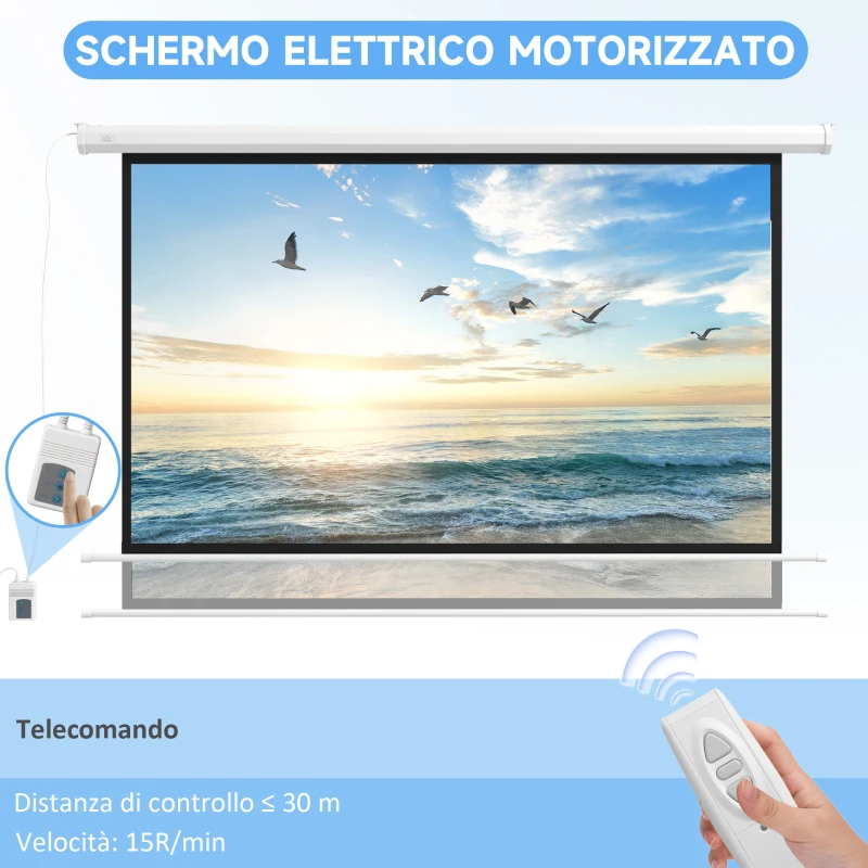 HOMCOM Telo per Proiettore 120" 16:9 Motorizzato con Telecomando, Fissaggio a Muro e Soffitto, Bianco