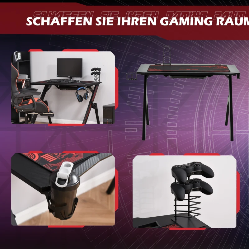 HOMCOM Gaming Tisch Schreibtisch Computertisch Arbeitstisch Möbel für Büro Wohnzimmer Arbeitszimmer, modernes Design, MDF Metall 110 x 59 x 75 cm Schwarz