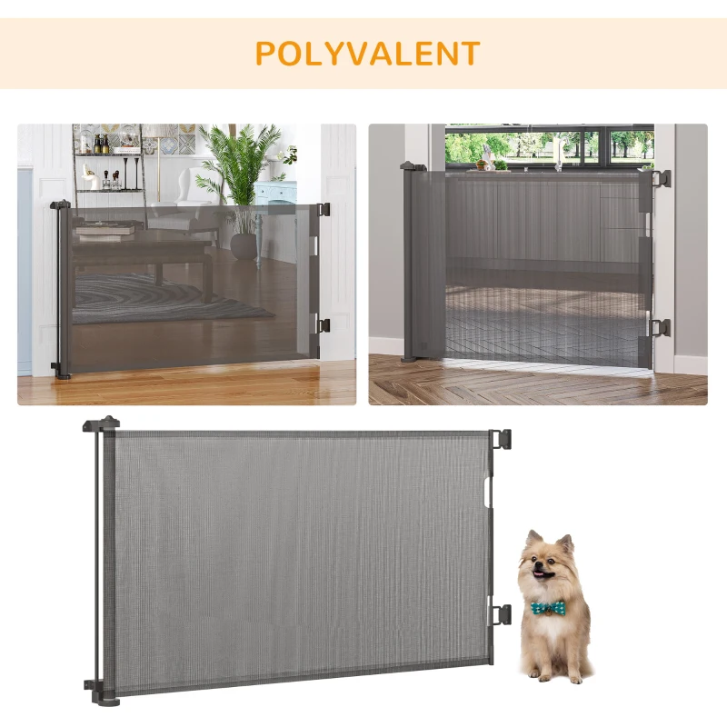 PawHut Barrière escalier chien rétractable opération à une main cadre en alliage d'aluminium tissu mesh 150 x  85 cm gris