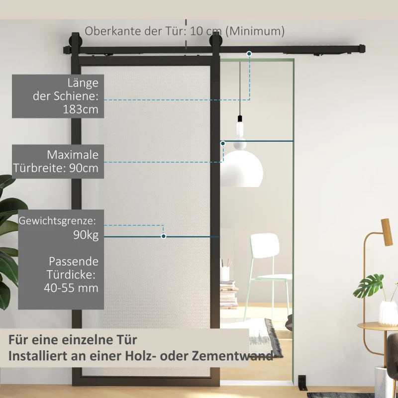 HOMCOM Schiebetür-Bausatz, leise & leichtgängig, für Holz- & Zementwände, 183cm, Stahl, Schwarz
