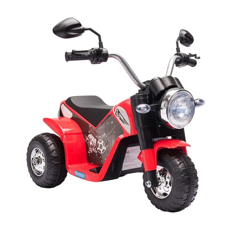HOMCOM Moto Elettrica per Bambini a 3 Ruote con Luci e Suoni, Batteria Ricaricabile 6V, Velocità 2 km/h, per Bimbi da 18-36 Mesi, 72x57x56cm Rossa
