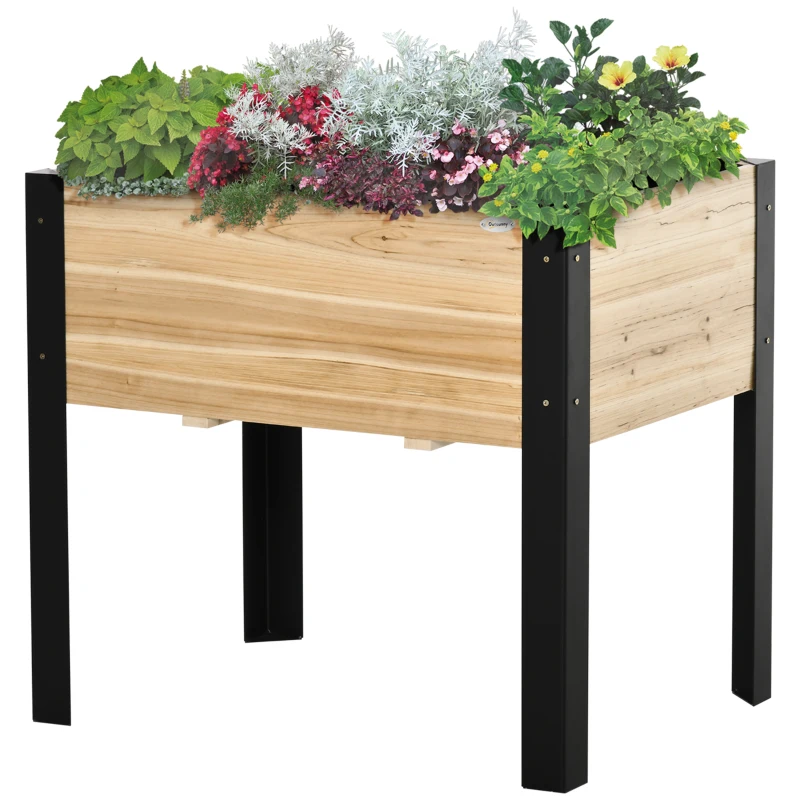 Outsunny Hochbeet Pflanzkasten Blumenkasten Blumentopf Kräuterbeet mit Vliesstoff Massivholz Stahl Natur+Schwarz 80 x 60 x 74 cm