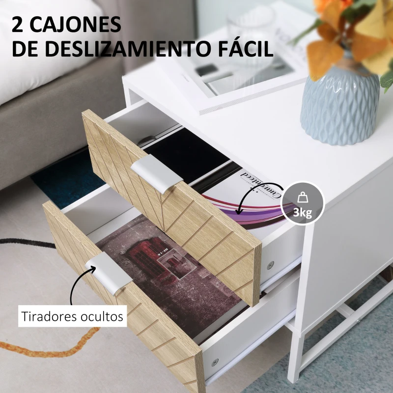 HOMCOM Mesita de Noche con 2 Cajones con Patas de Acero Mesilla Auxiliar para Salón Dormitorio 45x39x48cm Blanco y Roble