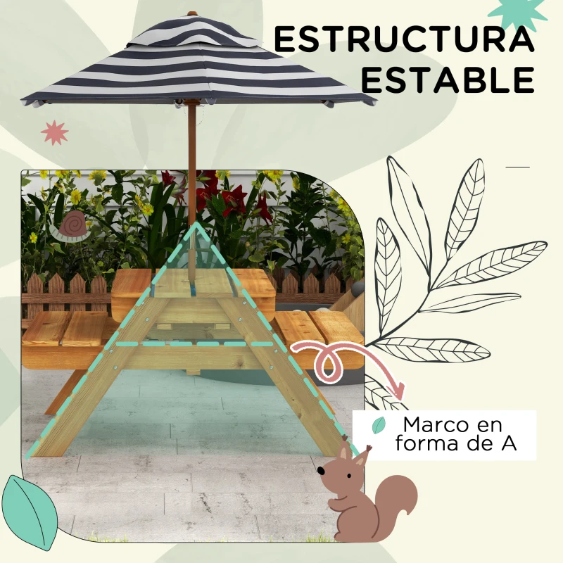 Outsunny Mesa y 2 Bancos Infantiles de Madera con Sombrilla y Arenero para Jardín Patio 89x80,5x142,5 cm Teca