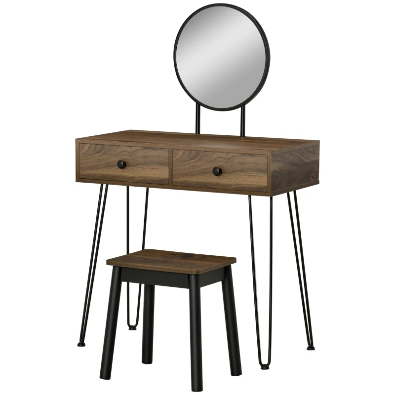 HOMCOM Set Tavolo per Trucco con Sgabello e Specchio Makeup, in Legno e Metallo, Color Noce
