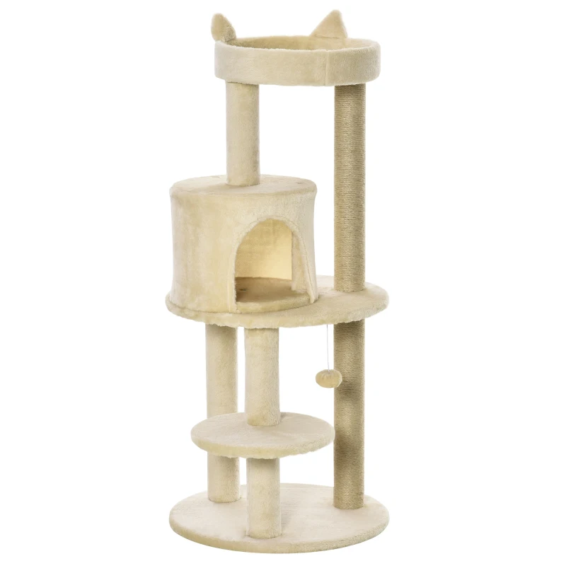 PawHut Árbol Rascador para Gatos de 104 cm Rascador para Gatos con Plataformas Refugio Postes de Sisal y Bola 48x48x104cm Crema