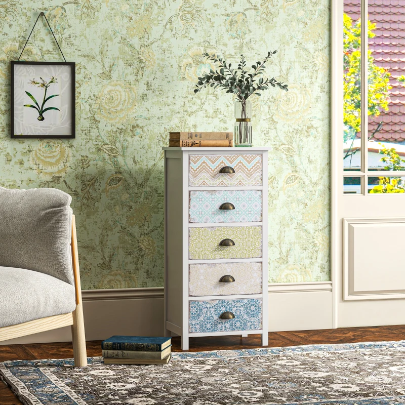 HOMCOM Cómoda con 5 Cajones con Frontales Estampados y Tiradores Vintage Mueble Cajonera para Salón 46x34x97,5 cm Multicolor(m-7)