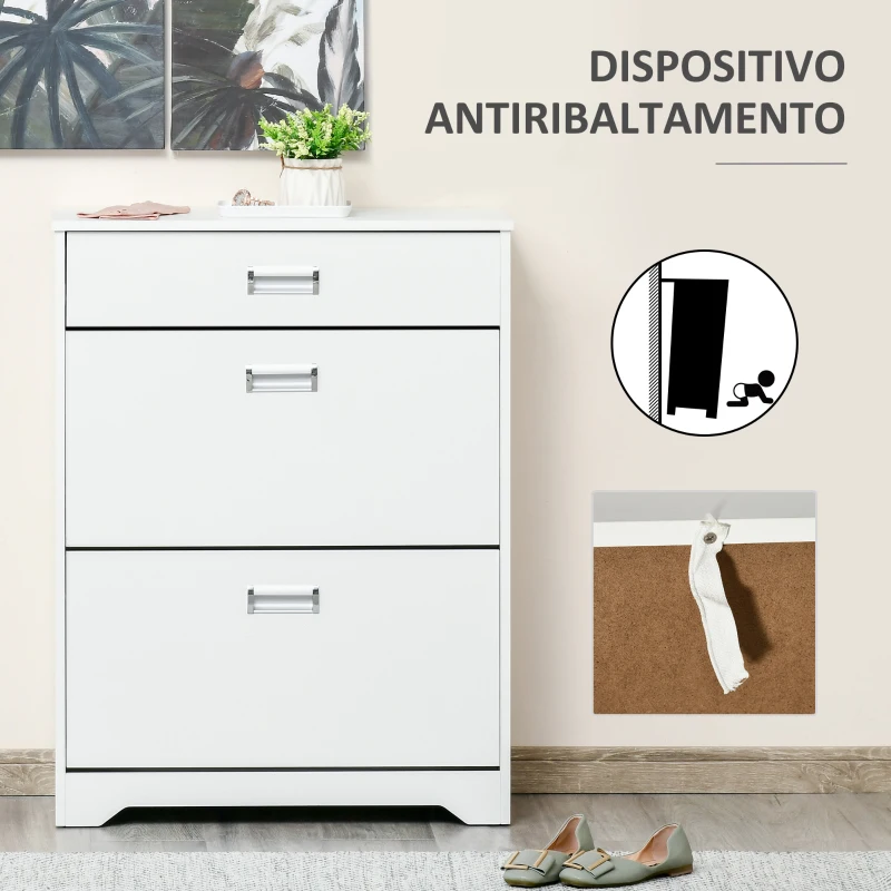 HOMCOM Scarpiera Moderna in Legno, 2 Cassetti con Mensola Regolabile per 16 Scarpe e Cassetto Piccolo, 70x29x92cm, Bianco
