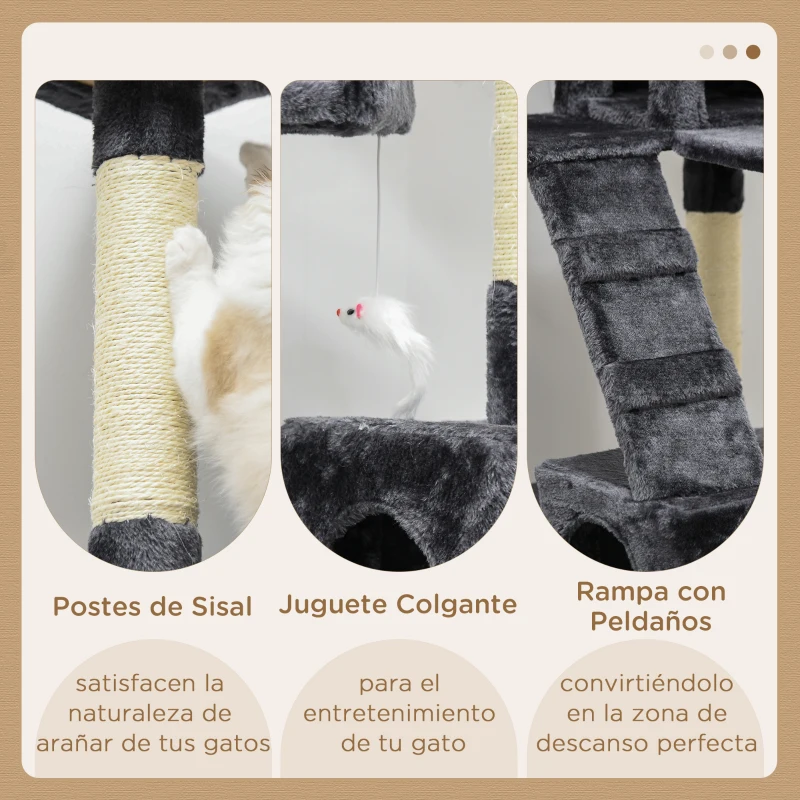 PawHut Árbol para Gatos Torre para Gatos con Nidos Escaleras Juguetes Colgantes y Postes de Sisal 49x49x173 cm Gris Oscuro