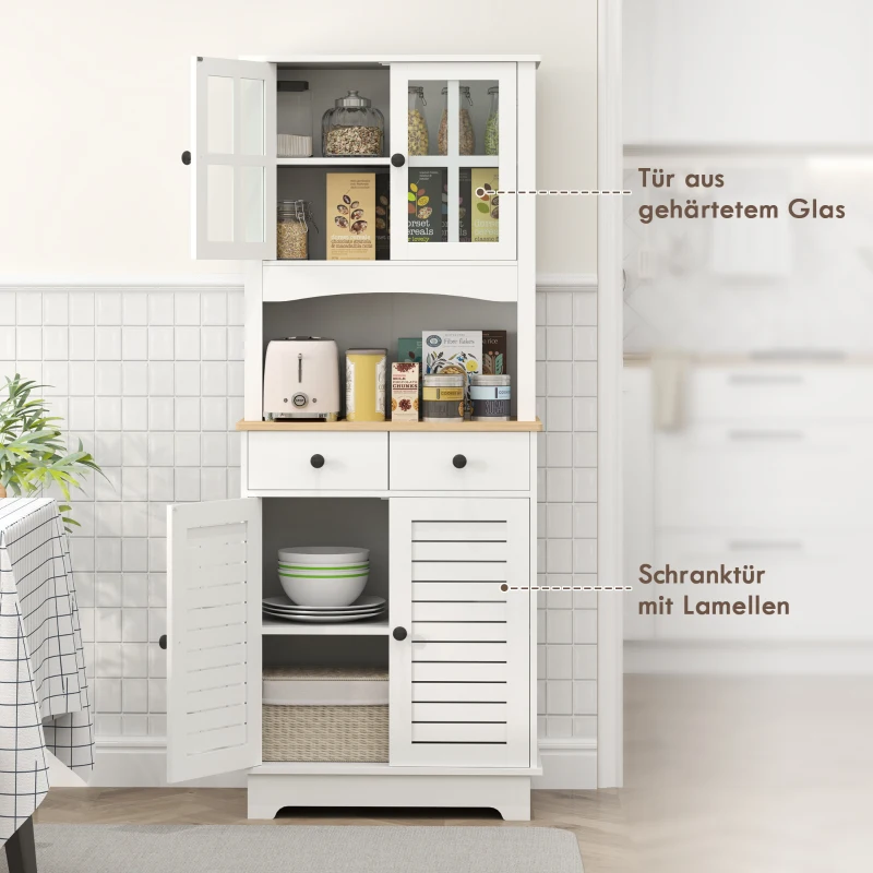 HOMCOM Küchenschrank mit Glastüren, 2 Schubladen, Geschirrschrank, Esszimmerschrank, Holz, 68 x 39,5 x 170 cm, Weiß(m-6)