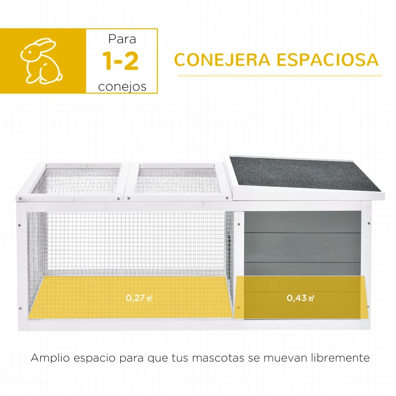 PawHut Conejera de Exterior Jaula para Conejos Cobayas Animales Pequeños con 2 Puertas Superiores y Techo Abatible Asfáltico Madera de Abeto 115x66x47,5 cm Gris