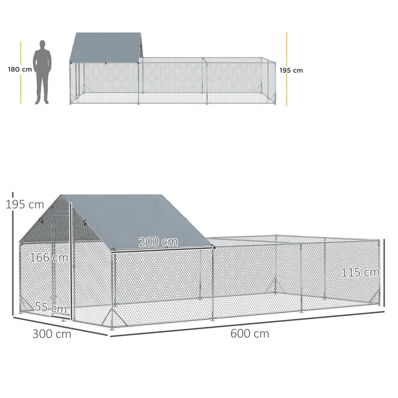 PawHut Enclos poulailler parc grillagé extérieur 18 m² chenil volière espace couvert acier galvanisé 6 x 3 x 1,95 m