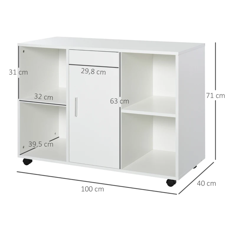 HOMCOM Armario de Oficina para Impresora Soporte de Máquinas con 4 Compartimentos Armario de Puerta Ruedas 2 Frenos 100x40x71 cm Blanco