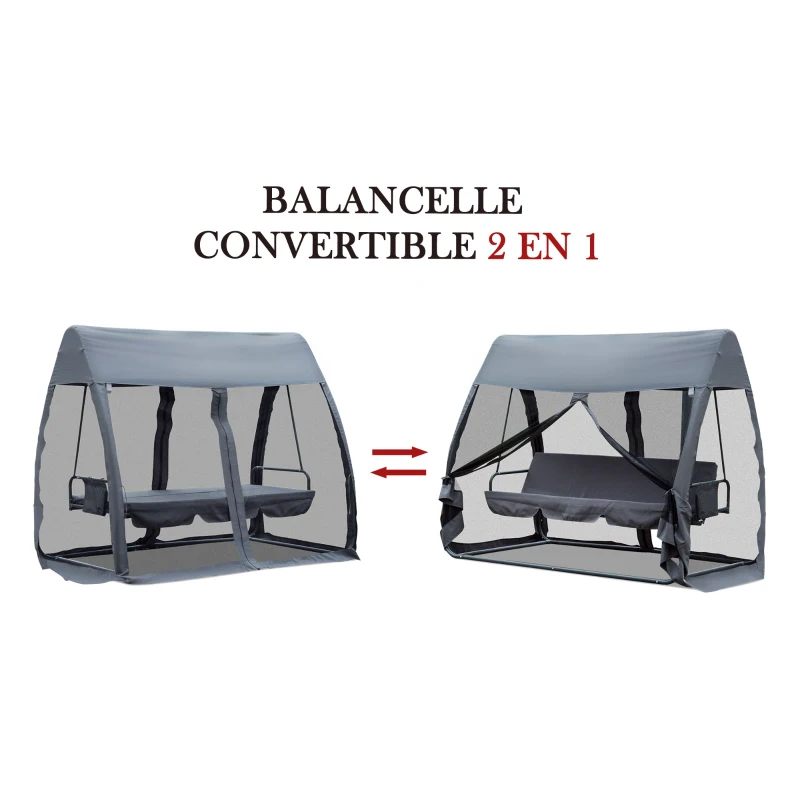 Outsunny Balancelle de Jardin Convertible 3 Places Grand Confort : Matelas Assise Dossier, moustiquaire intégrale zippée avec Toit, Pochette Rangement métal époxy Polyester Gris