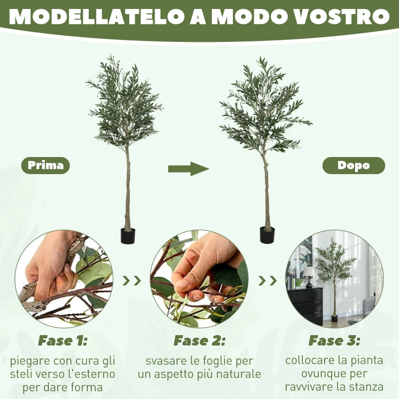 HOMCOM Pianta Artificiale di Olivo Alta 180 cm, Albero Finto con 900 Foglie e 40 Olive, Vaso Incluso