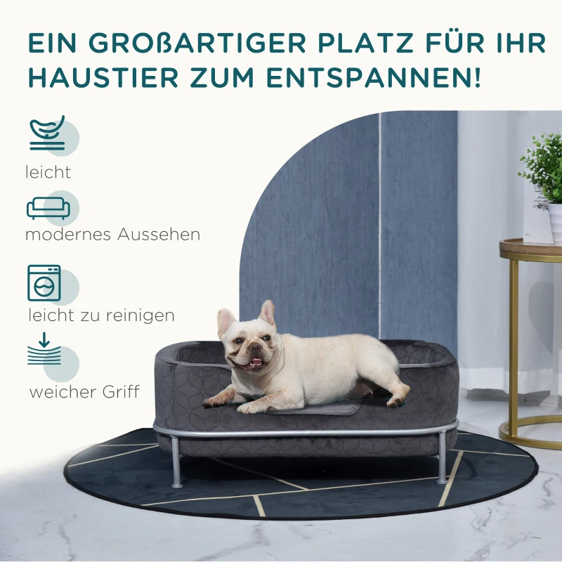 PawHut Hundesofa mit Rückenlehne Haustiersofa mit Metallbeinen Hundebett Weichem Bezug Katzensofa Metall Grau+Silber 63,5 x 43 x 24,5 cm