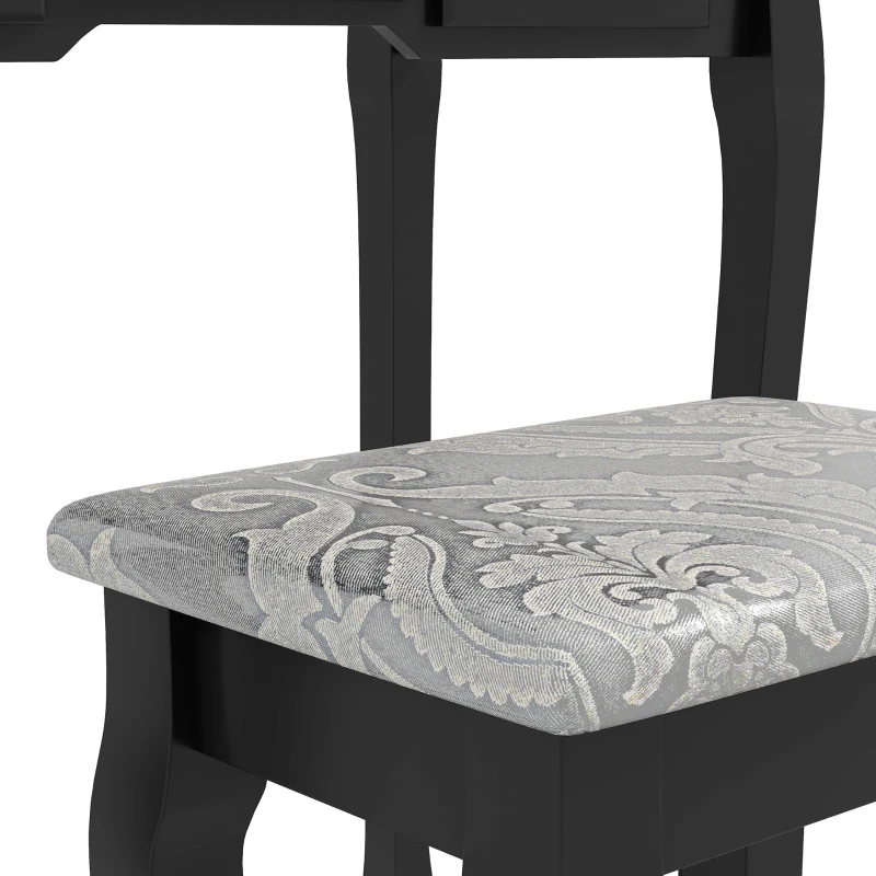 Tocador + Taburete y Espejo Mesa Maquillaje 5 Cajones Blanco Negro Mesa MDF NUE (Negro)