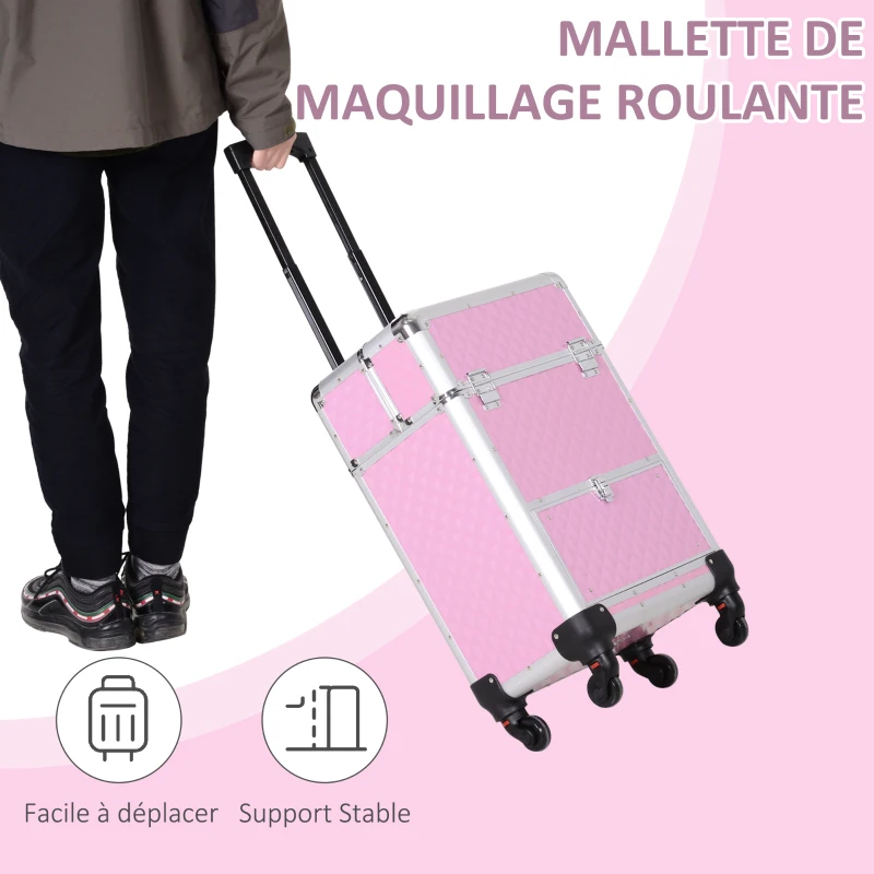HOMCOM Valise trolley maquillage mallette cosmétique vanity poignée télescopique réglable 34L x 25l x 62H cm alu. rose