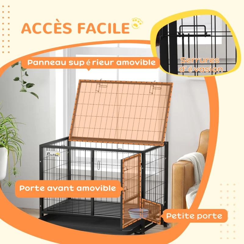 PawHut Cage pour chien cage de transport sur roulettes avec support de gamelle plateau amovible 2 portes verrouillables