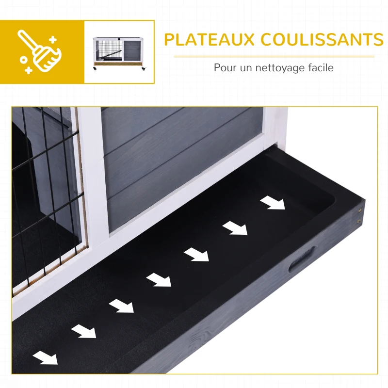 PawHut Clapier lapin intérieur, cage lapin avec toit ouvrant, roulettes, plateau amovible et rampe, en bois, 90 x 53 x 59 cm, gris foncé et blanc
