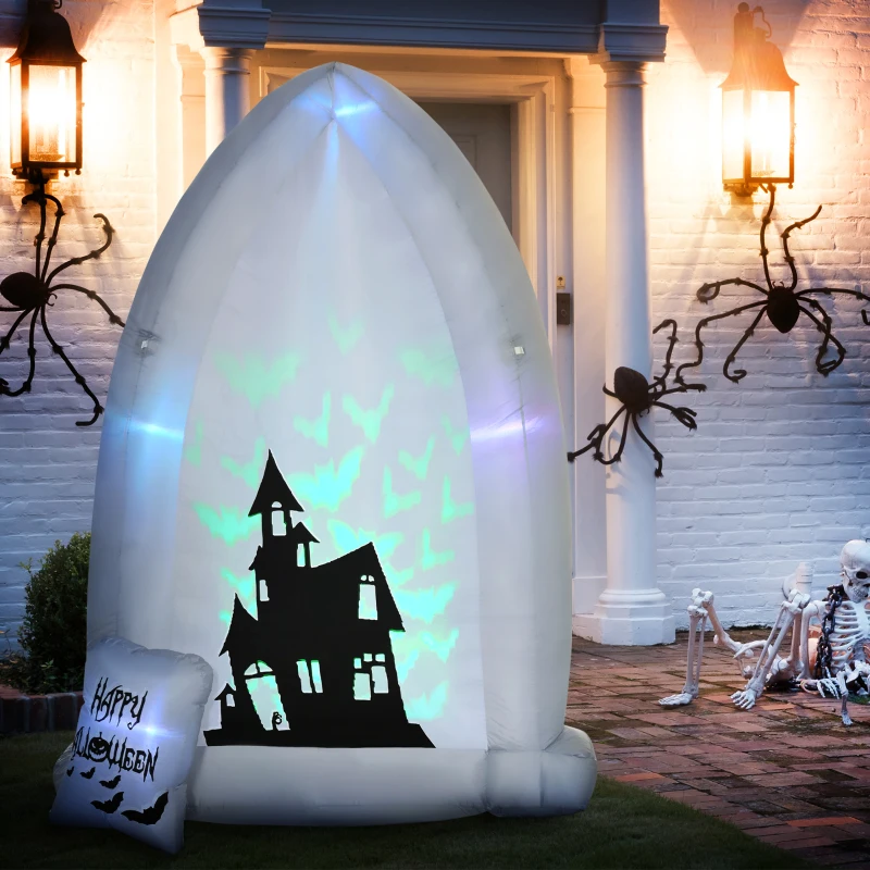 HOMCOM Selbstaufblasbare Halloweendekoration, Grabstein, LEDs, 150 x 90 x 210 cm, Weiß+Schwarz