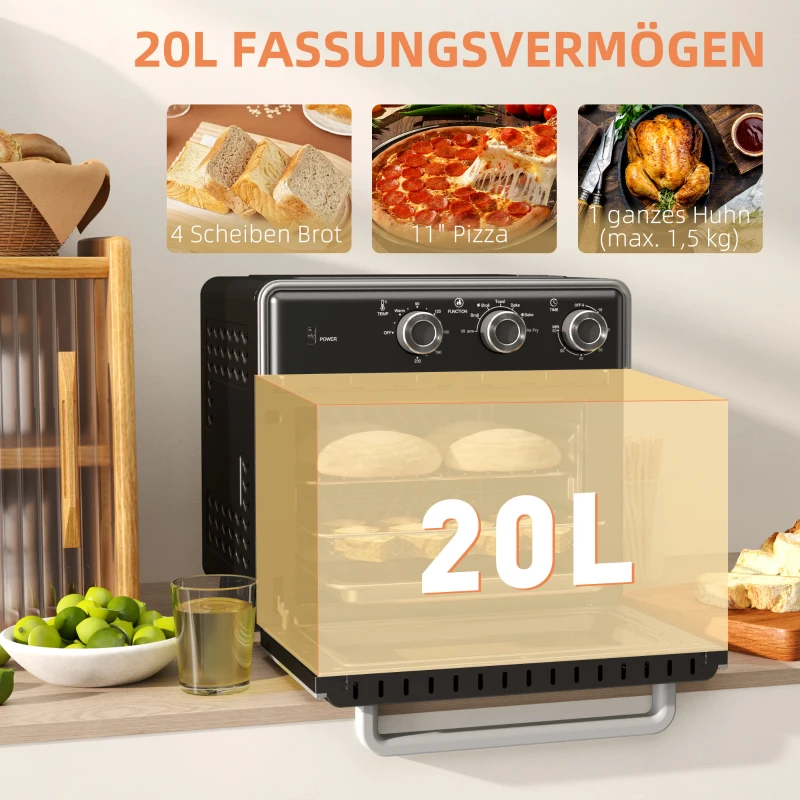 HOMCOM Minibackofen, 20L, 5 Funktionen, 360° Heißluft, Grillrost, Krümelblech, Schwarz(m-4)