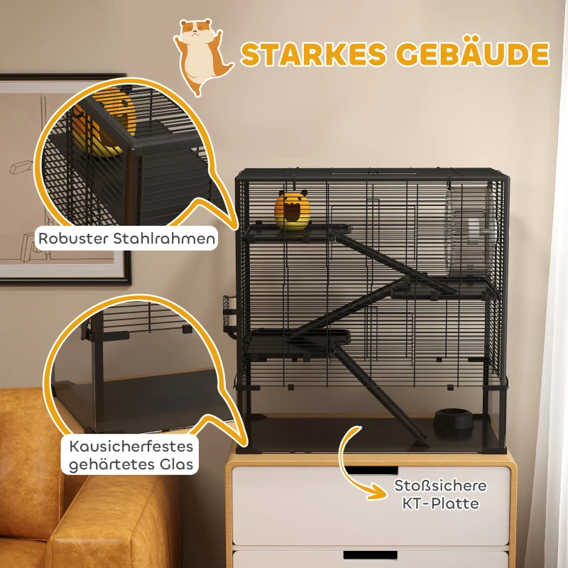 PawHut Hamsterkäfig mit Glasboden, 4-stufiges Hamstergehege mit Hütte und Zubehör, 78,5L x 48,5B x 80H cm, Schwarz(m-7)
