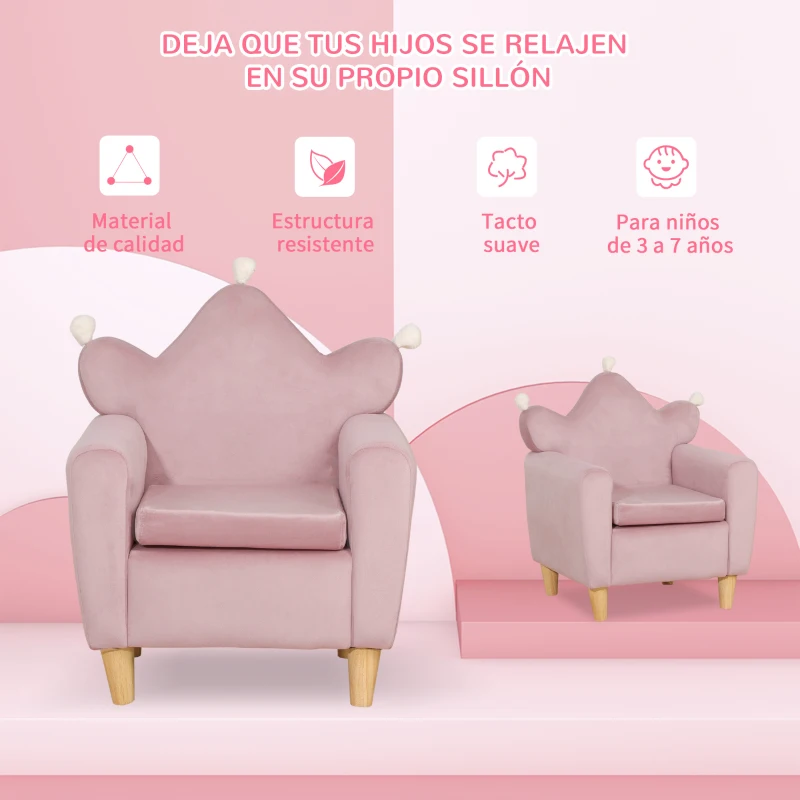 HOMCOM Sillón Infantil Mini Sofá para Niños de +3 Años con Asiento Acolchado y Reposabrazos 50x42x58 cm Rosa