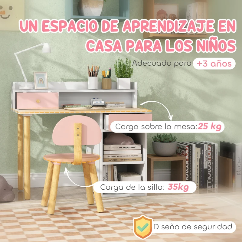 AIYAPLAY Juego de Escritorio Infantil con Silla Pupitre Infantil con Cajones Compartimento y Estantes Rosa y Blanco(m-7)