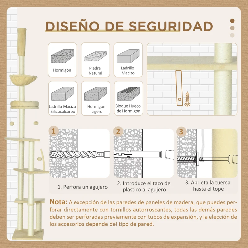 PawHut Árbol para Gatos de Suelo a Techo de 230-250 cm con Altura Ajustable Múltiples Plataformas Cestos Hamaca Bolas Beige