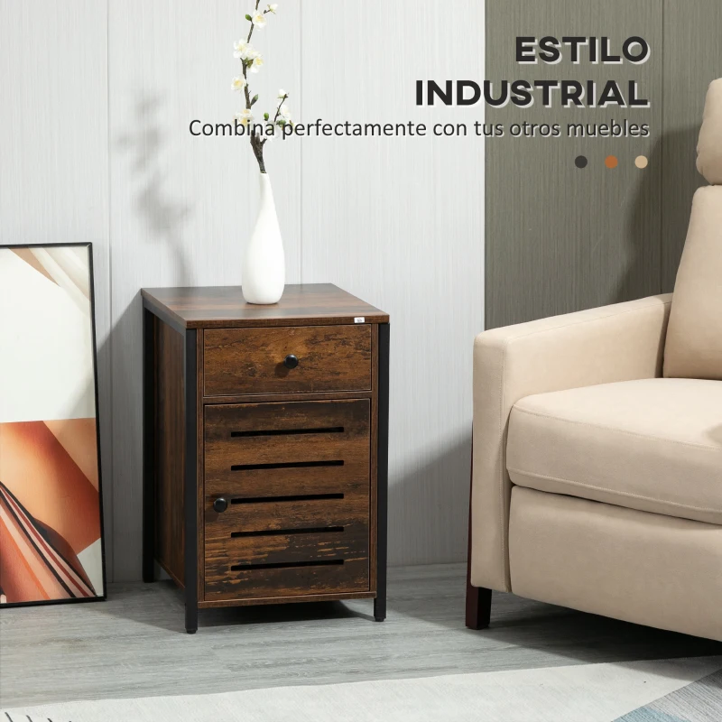 HOMCOM Mesilla de Noche con 1 Cajón y 1 Puerta Mesa Auxiliar para Salón Dormitorio Estilo Industrial 40x40x60 cm Marrón