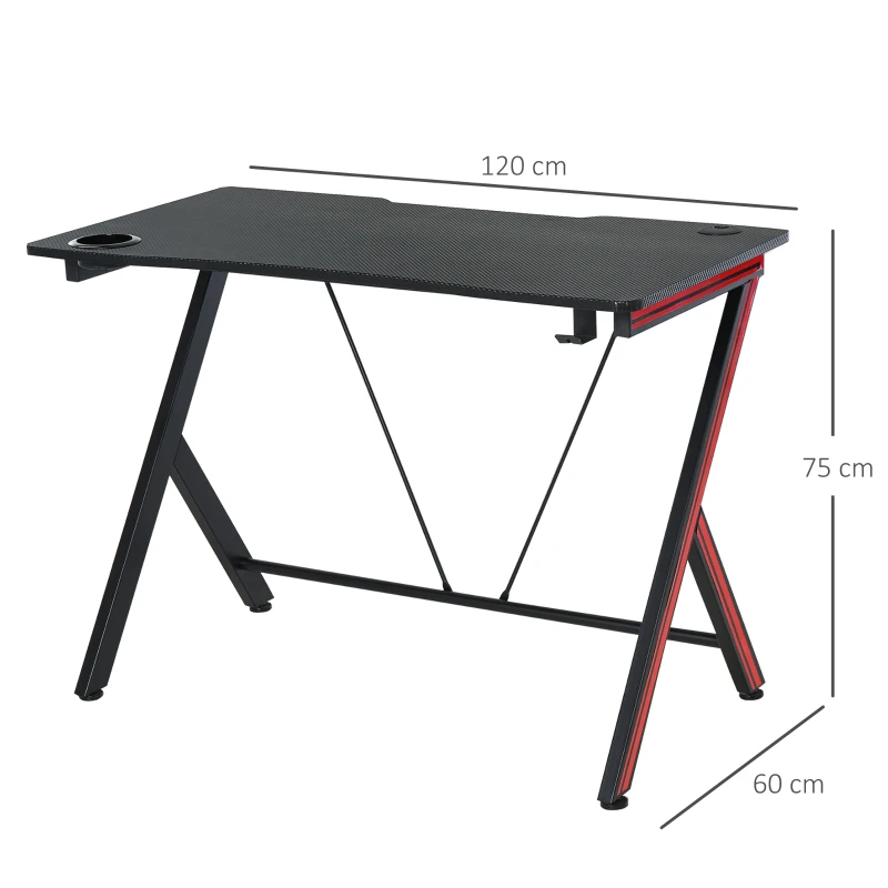 HOMCOM Mesa Gaming 120x60x75 cm Escritorio Ergonómico Gaming Desk para Ordenador PC con Portavasos Gancho para Auriculares y Orificio de Pasacables Efecto de Fibra de Carbono Negro