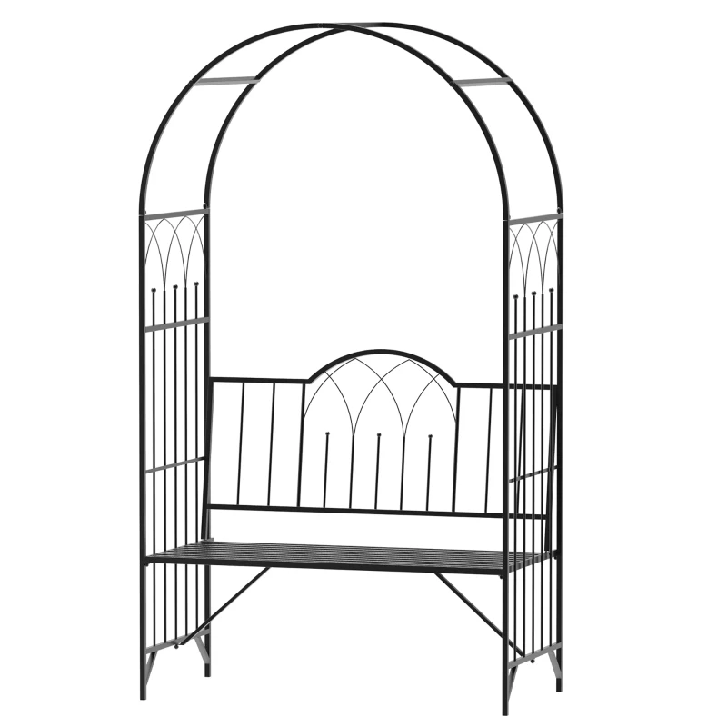 Outsunny Garden Metal Arch Bench Outdoor Patio Rose Trellis Arbour Pergola for Climbing Plant Antique Style 2-Seater Chair, Black