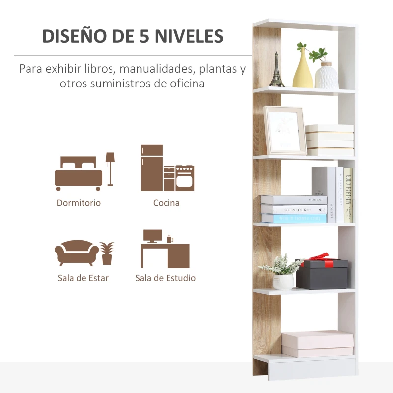 HOMCOM Estantería de Almacenaje con 5 Estantes Librería Multiusos para Estudio Oficina con Base Elevada Diseño Elegante 45x21x170 cm Blanco y Roble(m-6)