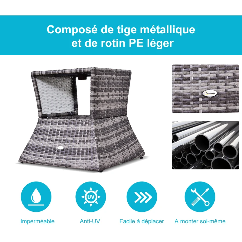 Outsunny Pied de parasol table basse 2 en 1 étagère inférieure intégrée résine tressée imitation rotin PE dim. 54L x 54l x 55H cm gris