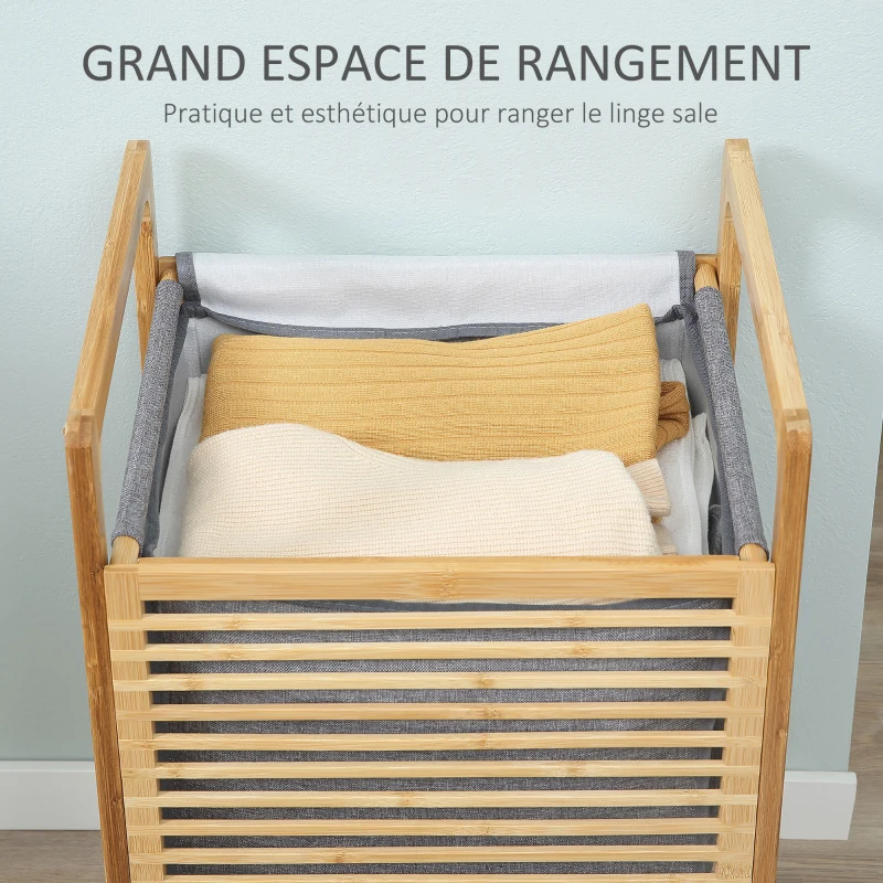 HOMCOM Panier à linge en bambou avec couvercle et poignées grand capacité pour chambre à coucher balcon salle de bain et buanderie 40 x 35 x 60,5 cm bois naturel et gris